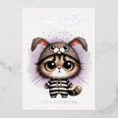Grappig Kat in Bunny Kostuum Paarse Happy Easter Folie Feestdagenkaart (Voorkant)