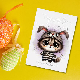 Grappig Kat in Bunny Kostuum Paarse Happy Easter Folie Feestdagenkaart
