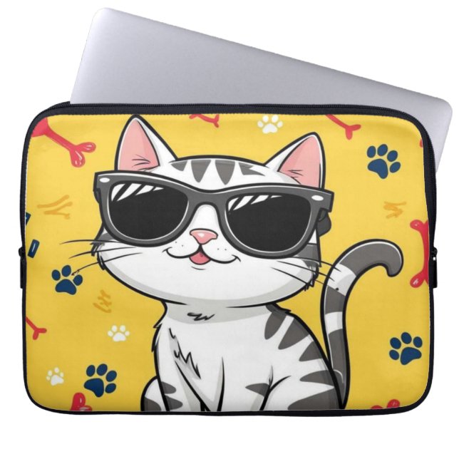 Grappig Kat Poster, Cartoon Kat met zonnebril Laptop Sleeve (Voorkant)
