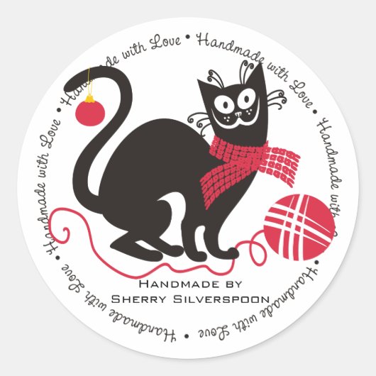 Grappig kattengaren breien haakwerk Kerstmis Ronde Sticker (Voorkant)