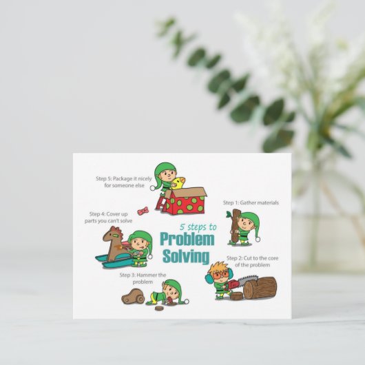 Grappig Kerst Briefkaart: Elfen bij het oplossen v Feestdagenkaart (Staand voorkant)