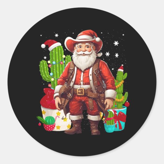 Grappig Kerst Western Cowboy Sinterklaas en Can Ronde Sticker (Voorkant)