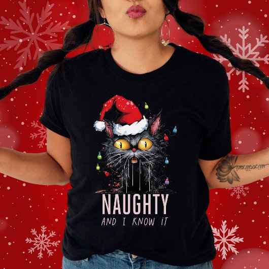 Grappig kerst zwart kat ondeugend en ik weet het t-shirt
