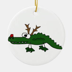 Grappig kerstalligator als rendiertje keramisch ornament