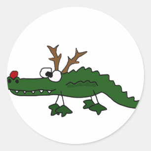 Grappig kerstalligator als rendiertje ronde sticker