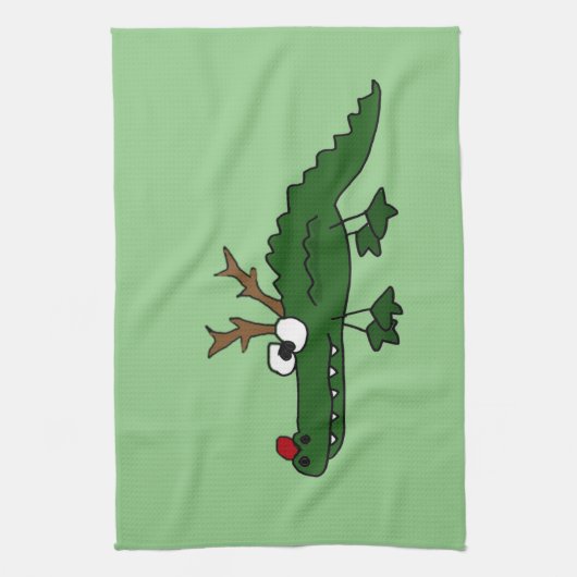 Grappig kerstalligator als rendiertje theedoek (Verticaal)