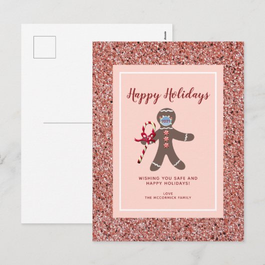 Grappig kerstfeest 2021 Roze Glitter Gingerbrood M Feestdagenkaart (Voorkant / Achterkant)