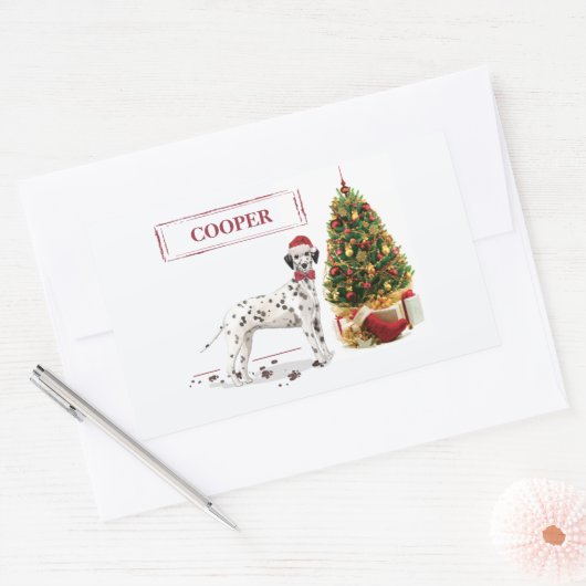 Grappig kerstfeest Dalmatiaanse hond en boom Rechthoekige Sticker (Envelop)