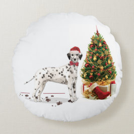 Grappig kerstfeest Dalmatiaanse hond en boom Rond Kussen