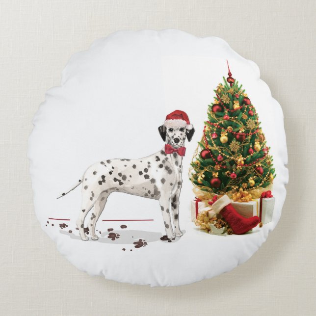 Grappig kerstfeest Dalmatiaanse hond en boom Rond Kussen (Voorkant)