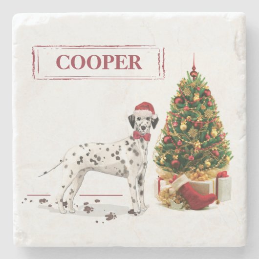 Grappig kerstfeest Dalmatiaanse hond en boom Stenen Onderzetter (Voorkant)