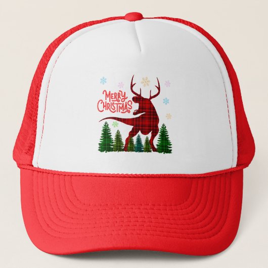 grappig kerstfeest dinosaurus hert check kariert trucker pet (Voorkant)