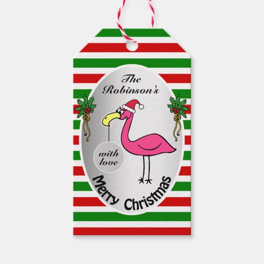 Grappig kerstfeest Flamingo Red en Green Cute Humo Cadeaulabel (Voorkant)