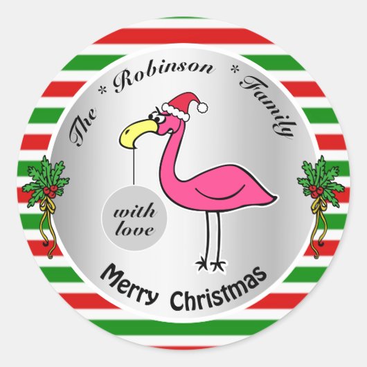 Grappig kerstfeest Flamingo Red en Green Cute Humo Ronde Sticker (Voorkant)