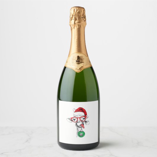 Grappig kerstfeest Giraffe, Giraffe kerstmis Sparkling Wijnetiket (Voorkant)