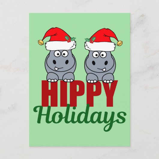 Grappig kerstfeest Hippo Pun Cute Green Holiday Briefkaart (Voorkant)