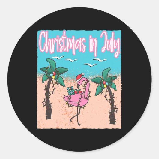 Grappig kerstfeest in juli Flamingo strand kerstmi Ronde Sticker (Voorkant)
