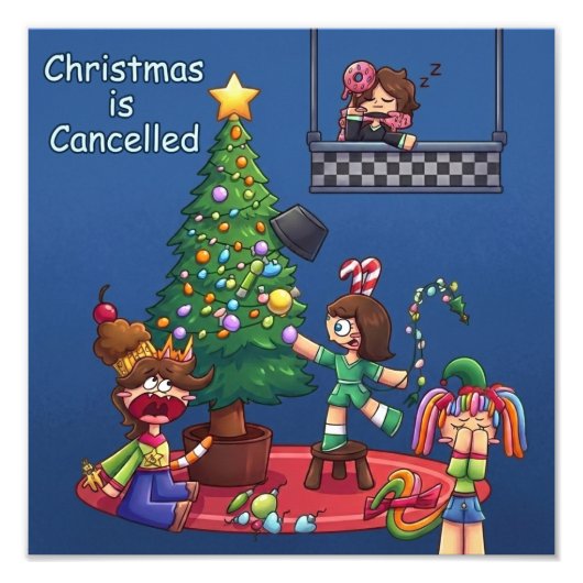 Grappig kerstfeest is geannuleerd Chibi-figuren St Foto Afdruk (Voorkant)