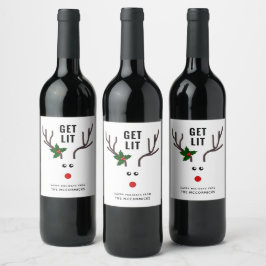 Grappig kerstfeest met rood wit rendiertje wijn etiket