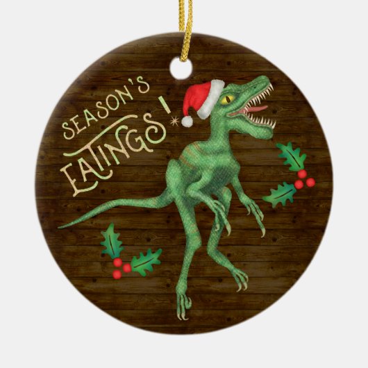Grappig kerstfeest Velociraptor Dinosaur Eatings Keramisch Ornament (Voorkant)