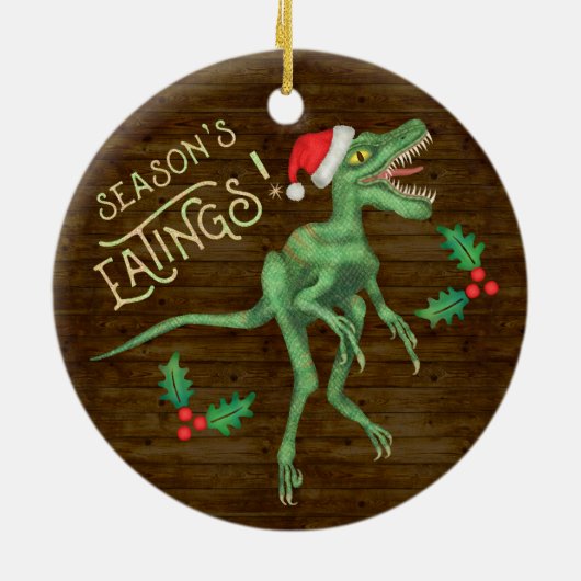 Grappig kerstfeest Velociraptor Dinosaur Eatings Keramisch Ornament (Achterkant)
