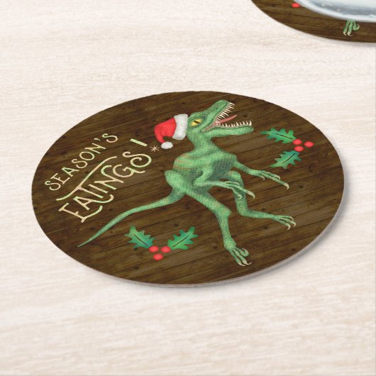 Grappig kerstfeest Velociraptor Dinosaur Eatings Ronde Kartonnen Onderzetter (Gebogen)