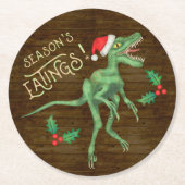 Grappig kerstfeest Velociraptor Dinosaur Eatings Ronde Kartonnen Onderzetter (Voorkant)