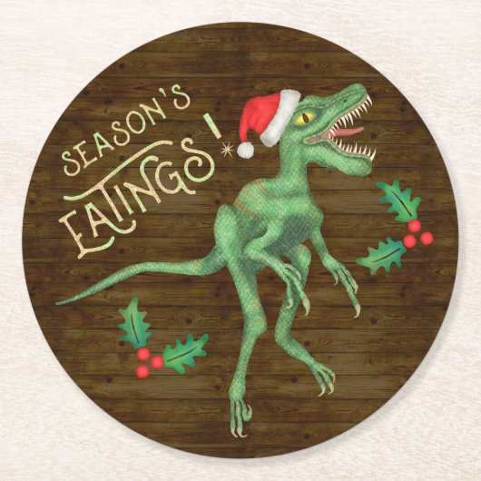 Grappig kerstfeest Velociraptor Dinosaur Eatings Ronde Kartonnen Onderzetter (Voorkant)