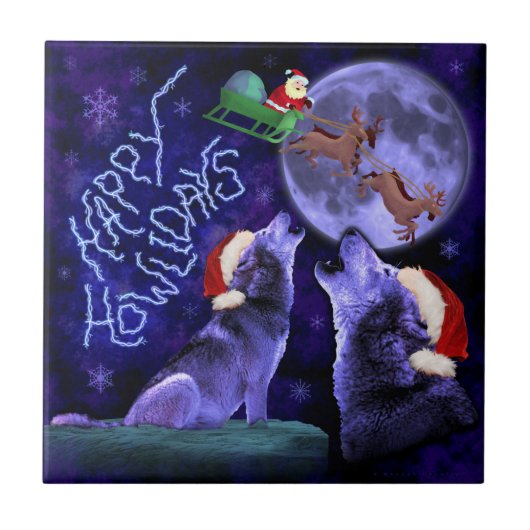 Grappig kerstfeest Wolf Howlidays Pun Humoureuze Tegeltje (Voorkant)