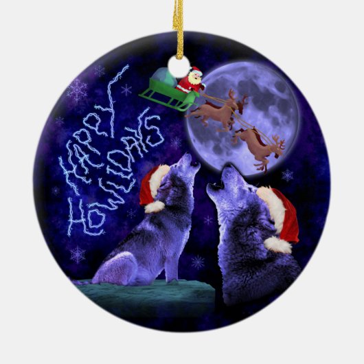 Grappig kerstfeest Wolf Pun Happy Howlidays Humor Keramisch Ornament (Achterkant)