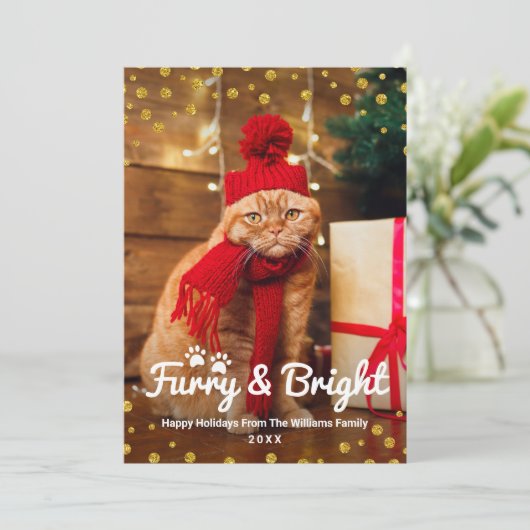Grappig kerstfoto's met furry en Bright Gold Feestdagenkaart (Staand voorkant)