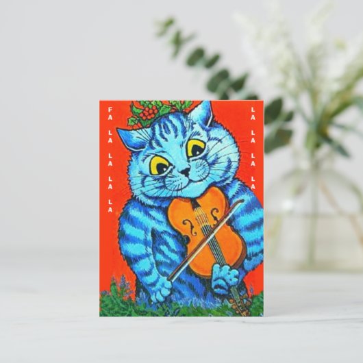 Grappig kerstkat Holly en Violin Fal-La-La-La-La-L Briefkaart (Staand voorkant)