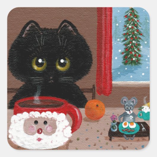 Grappig kerstkat-muizencreatie vierkante sticker (Voorkant)