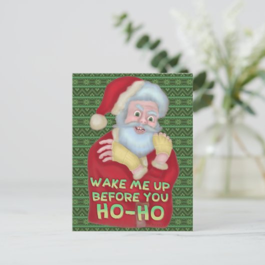 Grappig kerstkerstkerstman-Humor, word me wakker Briefkaart (Staand voorkant)