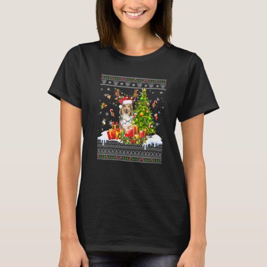Grappig kerstlampjes Sheltie Dog Funny Xmas Ugly T-shirt (Voorkant)