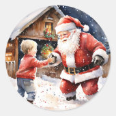 Grappig Kerstman Sneeuwbal Vechten Nostalgische Ke Ronde Sticker (Voorkant)