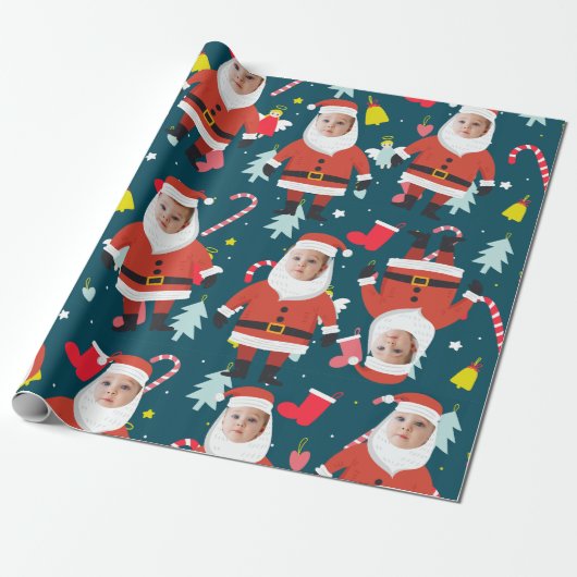 Grappig Kerstman Vrolijk Kerstmis Custom Face Cadeaupapier (Uitgerold)