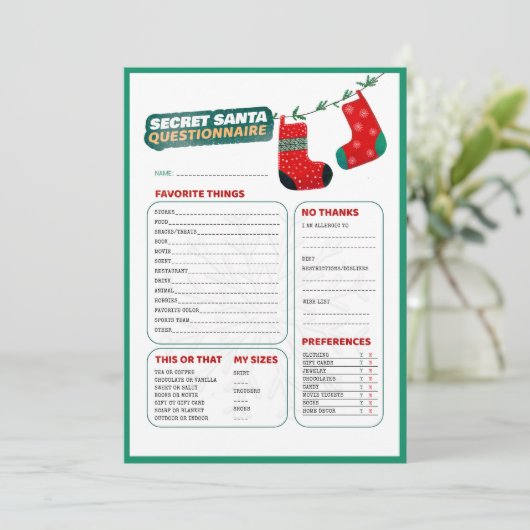 Grappig Kerstmis Spel Geheim Kerstman Vragenlijst Feestdagenkaart (Staand voorkant)