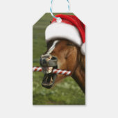 Grappig kerstpaard met kersthoed cadeaulabel (Voorkant)