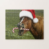 Grappig kerstpaard met kersthoed legpuzzel (Horizontaal)