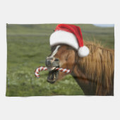 Grappig kerstpaard met kersthoed theedoek (Horizontaal)