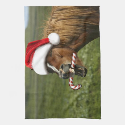 Grappig kerstpaard met kersthoed theedoek (Verticaal)