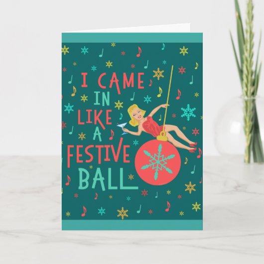 Grappig kerstrecro Woman op feestelijke kerstbal Feestdagen Kaart (Voorkant)