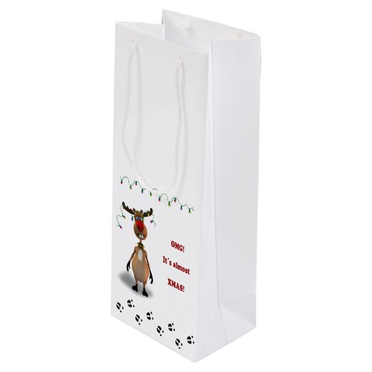 Grappig kerstrood met neus rendier wijn cadeautas (Voorkant Gekanteld)