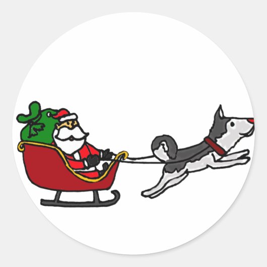 Grappig kerstsmaakje met Husky Dog Pulling Ronde Sticker (Voorkant)