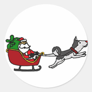 Grappig kerstsmaakje met Husky Dog Pulling Ronde Sticker