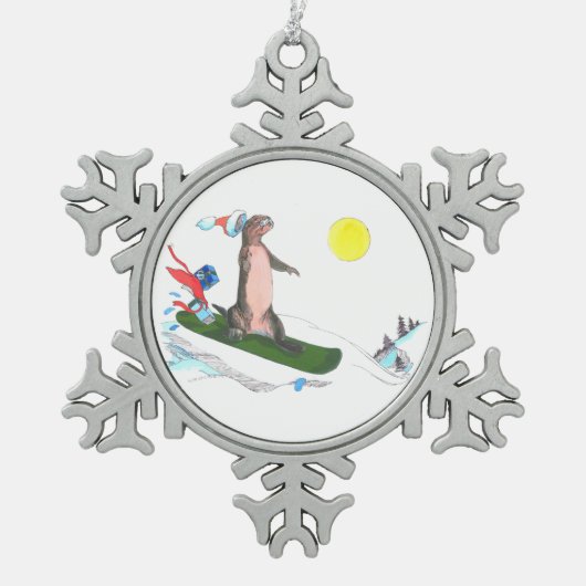 Grappig kerstsnowboarding Otter Holiday Design Tin Sneeuwvlok Ornament (Voorkant)