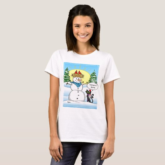Grappig kersttshirts | Frosty Snowman Black Cat T-shirt (Voorkant volledig)