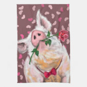 Grappig keukenhanddoek Gentleman Pig met Roos (Verticaal)