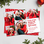 Grappig Kijk ons 5 Fotocollage Kerstmis Feestdagenkaart<br><div class="desc">Deze grappige vijf foto collage vakantie kaart is voorzien van retro stijl typografie lezen, "Kijk naar ons, zijn allemaal feestelijk en zo" in het rood op een witte achtergrond. Don die kerstmutsen, rendieren gewei, lelijke truien, of andere duidelijke kerst kleding en accessoires. Maak dan wat foto's. Upload je favorieten, en,...</div>